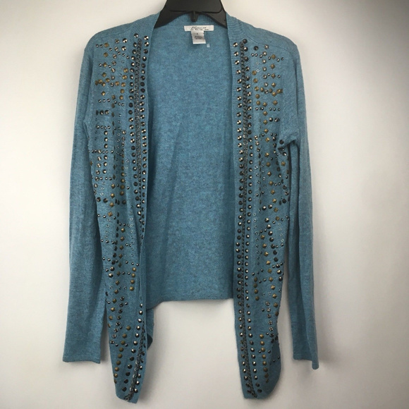 Blue Studded Open Front Cardigan Sweater - Picture 2 of 6